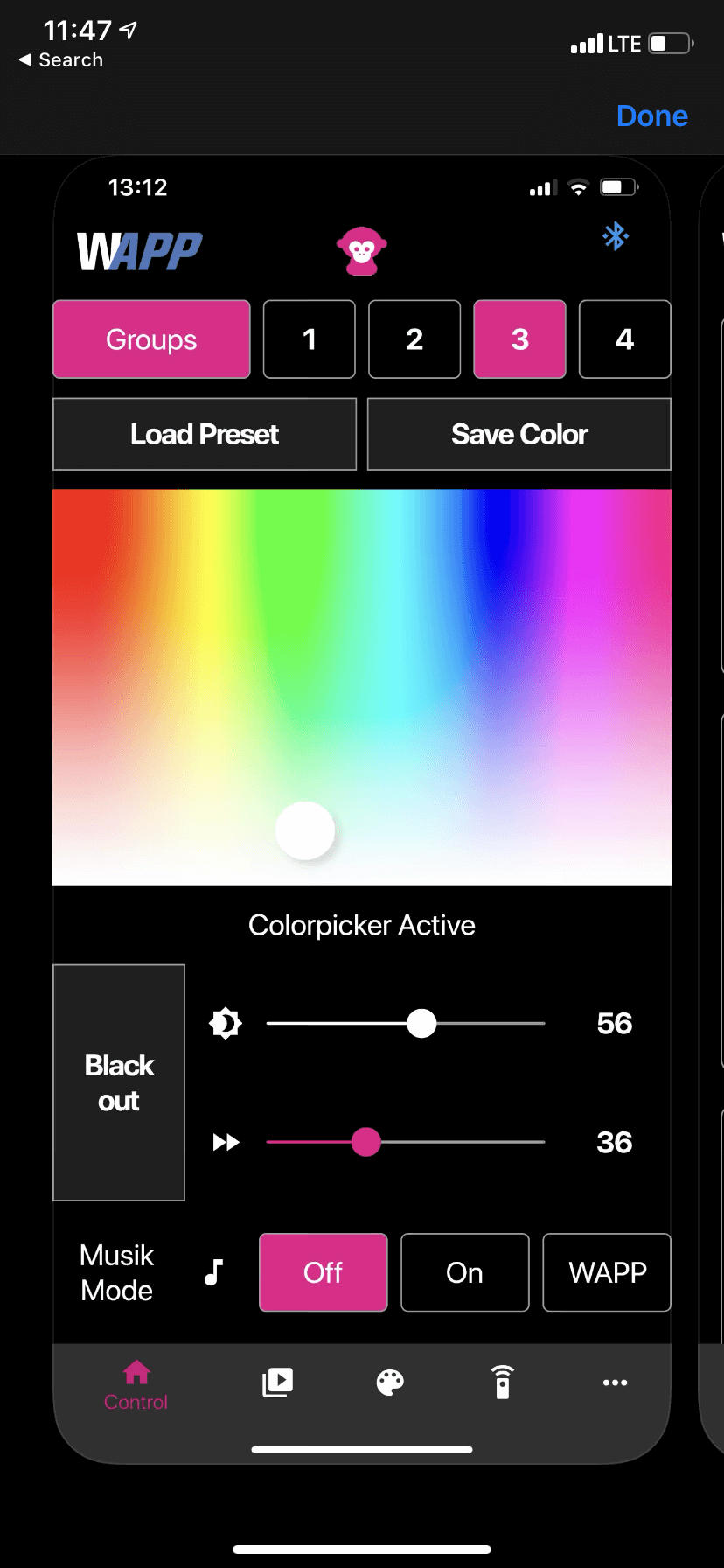 Ape Labs Connect app — color palette, group selectors, brightness and speed sliders